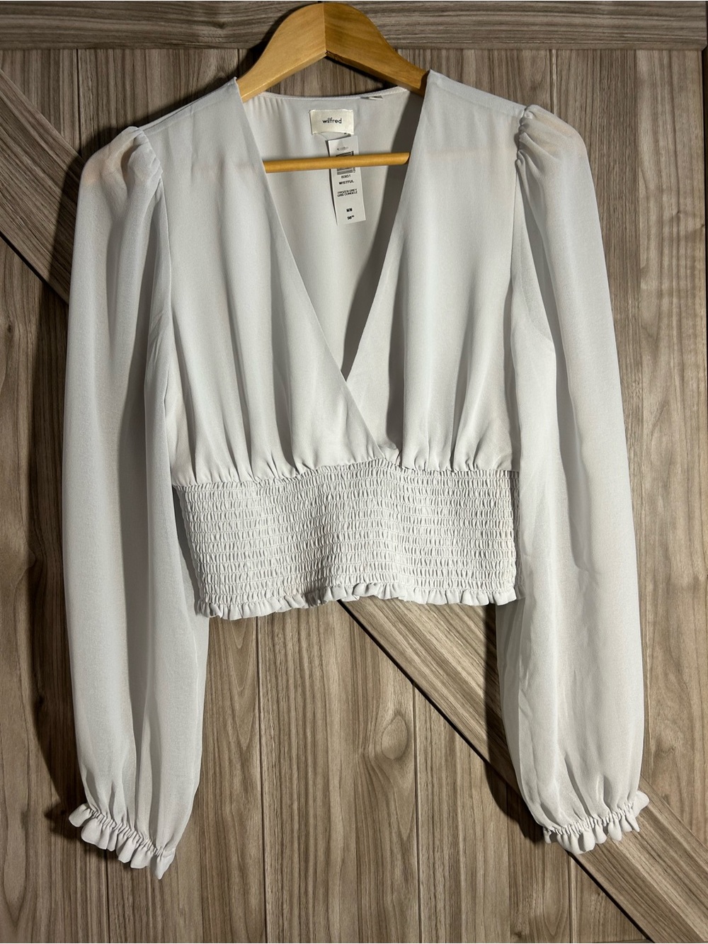 NWT Aritzia Wilfred Wistful Blouse Smocked Crop Top Frozen Grey M